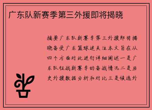 广东队新赛季第三外援即将揭晓